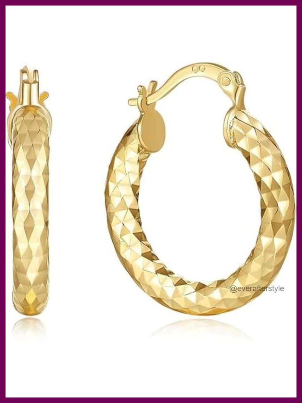 14K Gold Plated Hoop Earrings Wrinkle Texture Chunky Square-Edge Lightweight